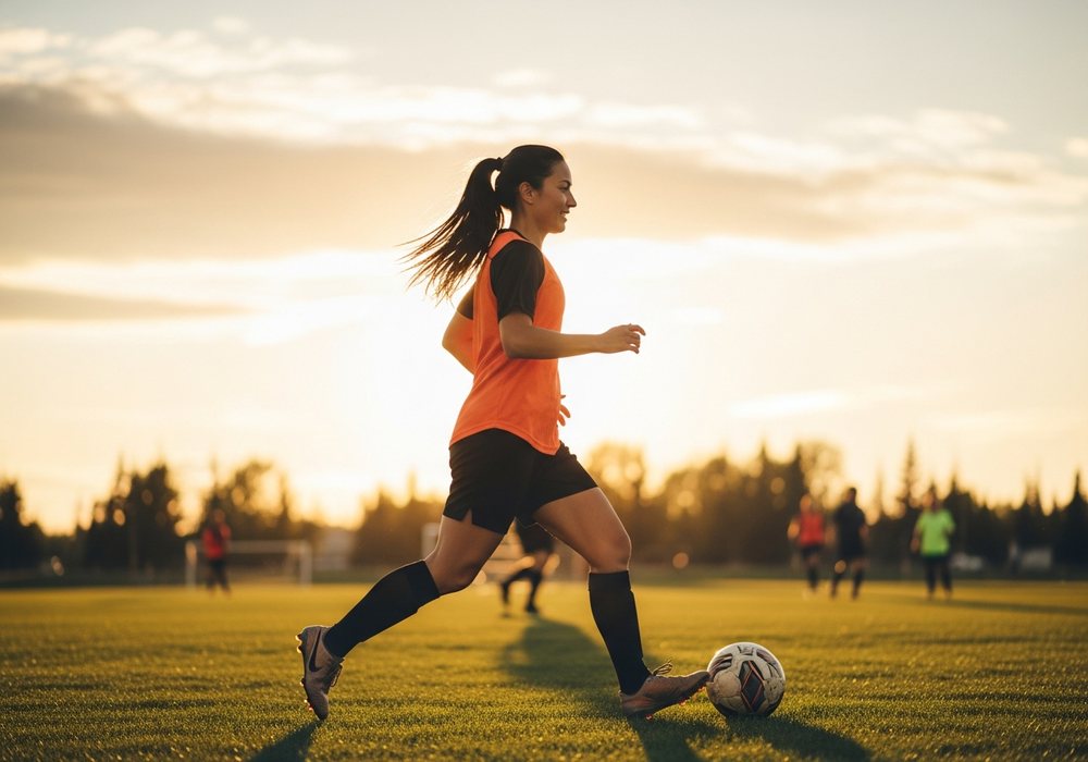 Woman kicking a soccer ball on a field at sunset