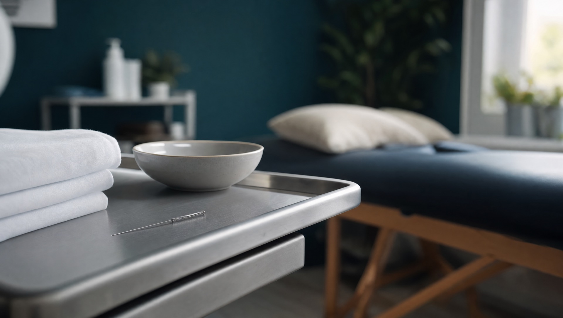 Padded treatment table with folded towels and a bowl on a metal tray