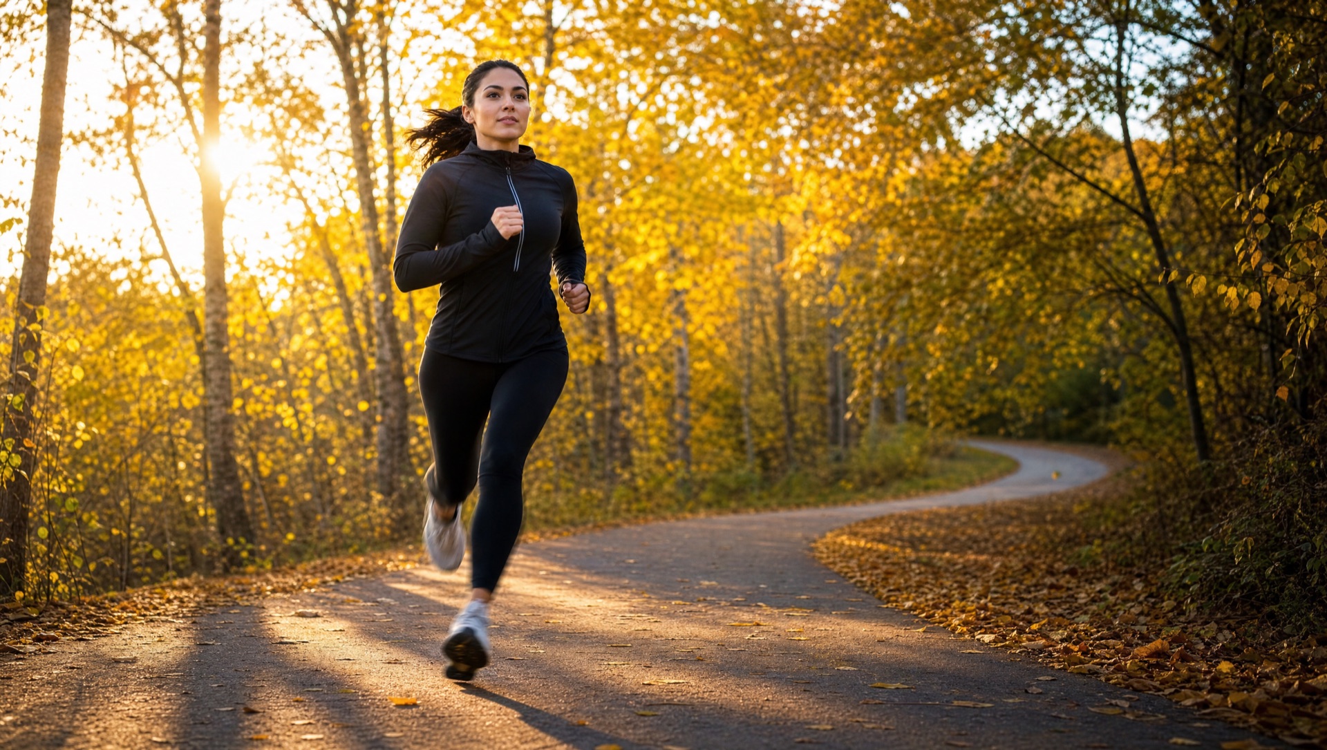 Woman running on a curving path through autumn trees in low sun