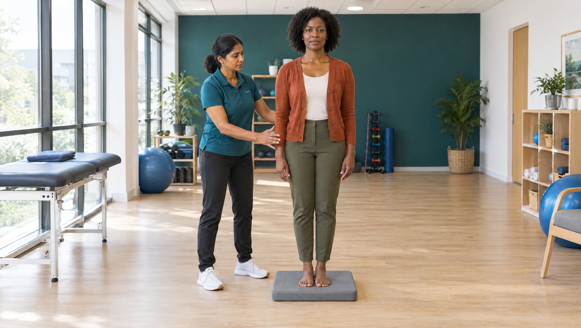 Patient standing on a foam balance pad while a physiotherapist stands beside her during a balance assessment