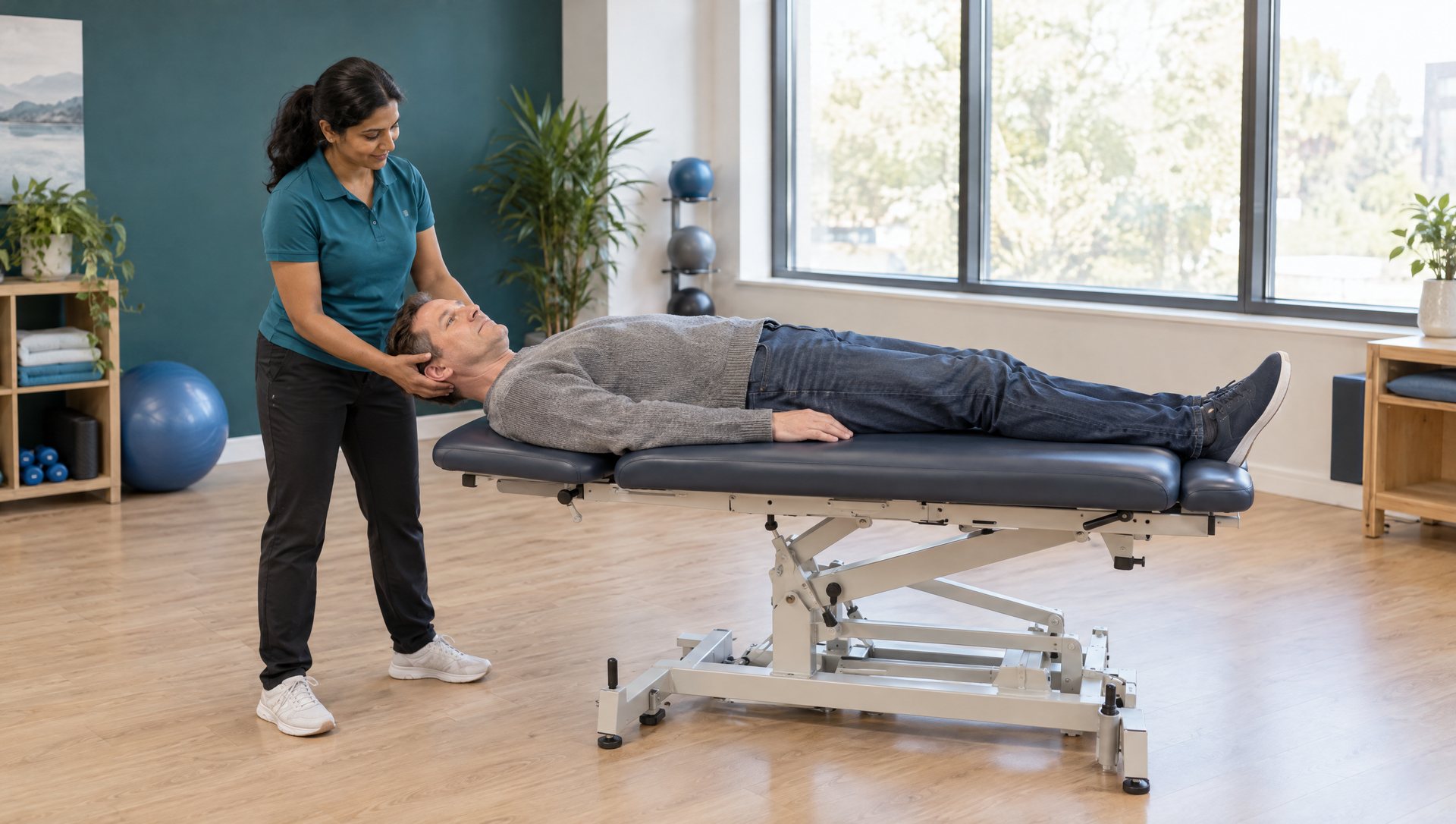 Physiotherapist gently positioning a patient's head on a treatment table during a vestibular positional test