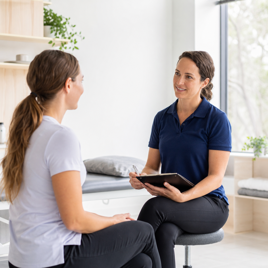 Woman with a clipboard talking with another seated woman