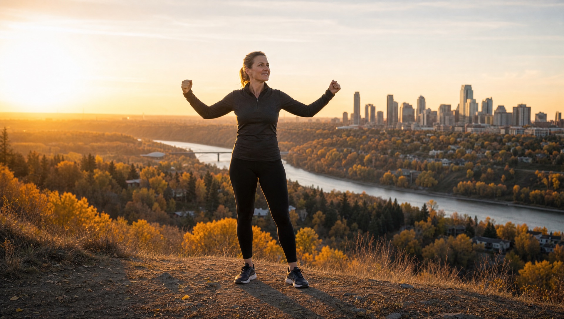Woman with arms raised on a hilltop overlooking a river valley and city skyline, sun low on the horizon