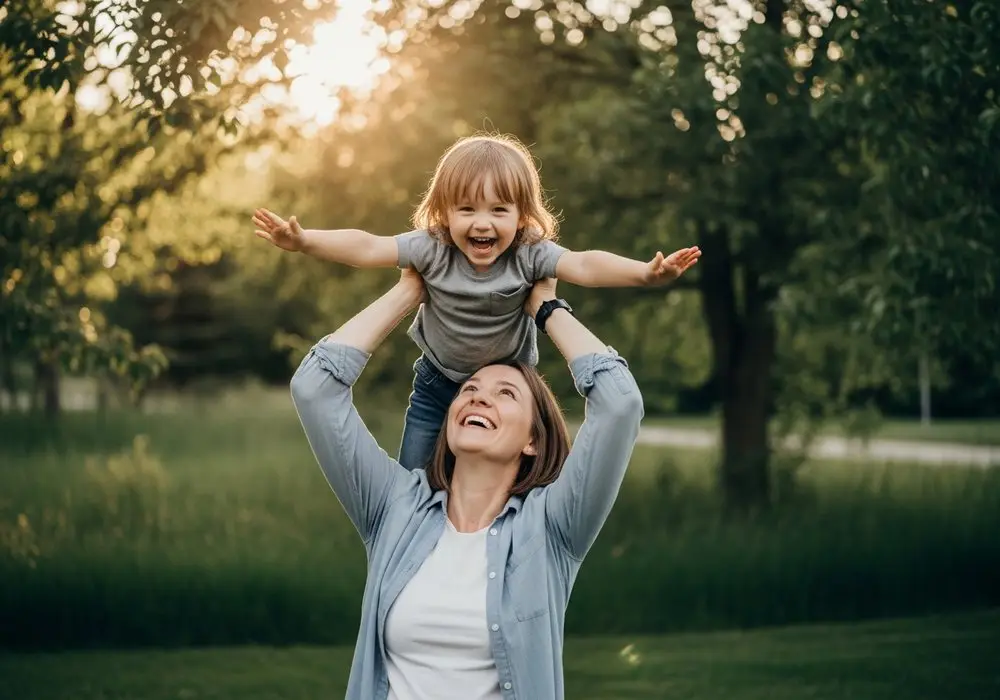 Woman carrying a laughing child on her shoulders in a park