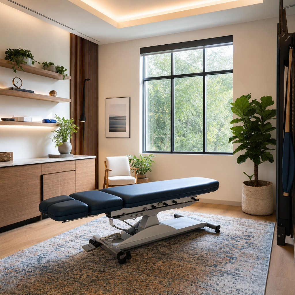 Bright treatment room with a padded table, a rug and a large window