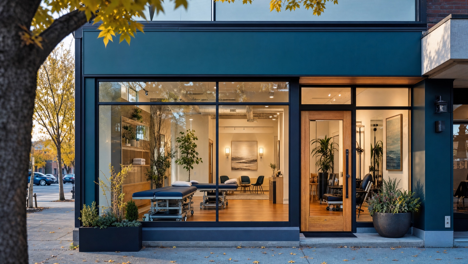 Storefront with large windows and a treatment space visible inside