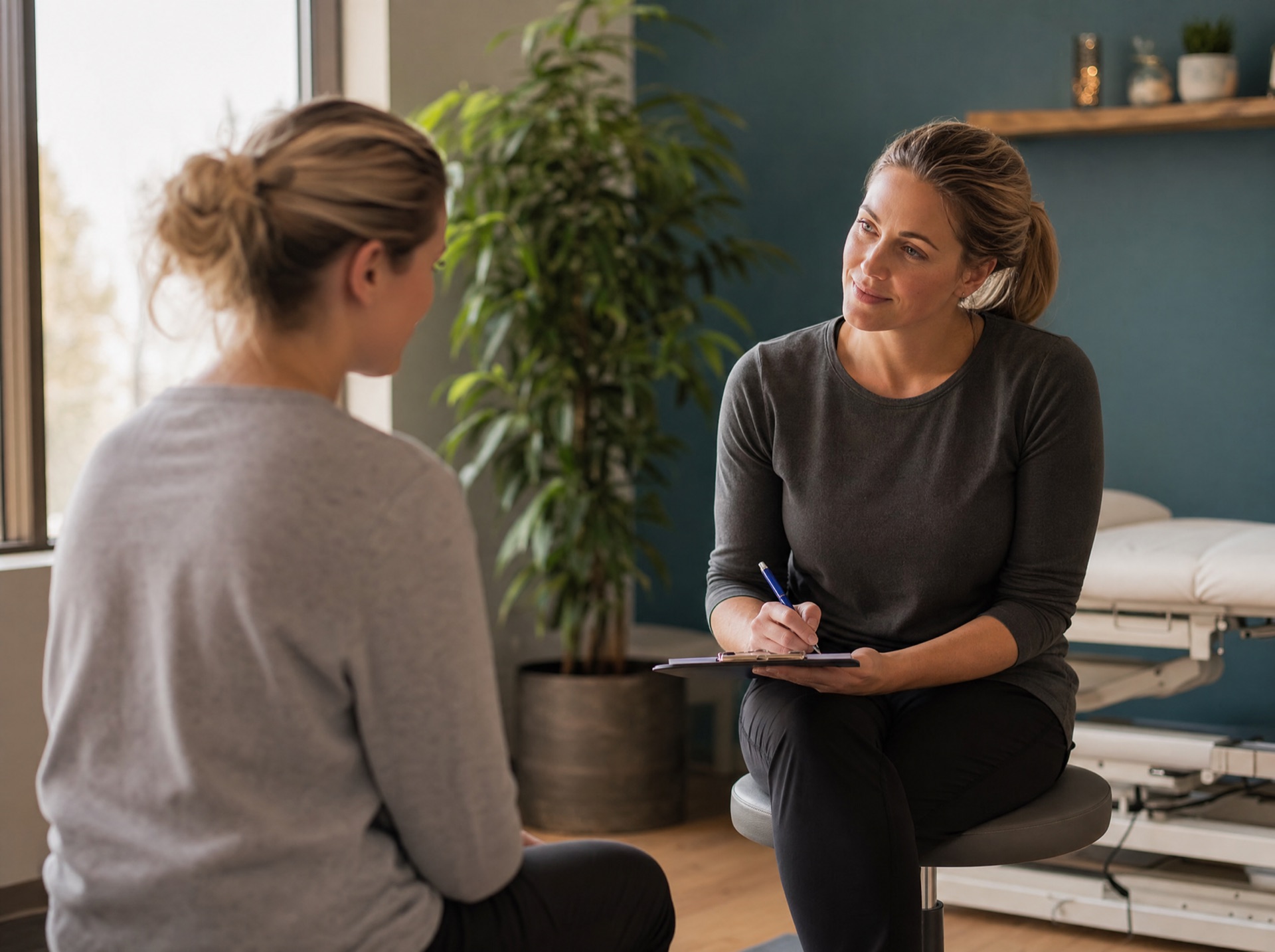 Woman taking notes while talking with another seated woman
