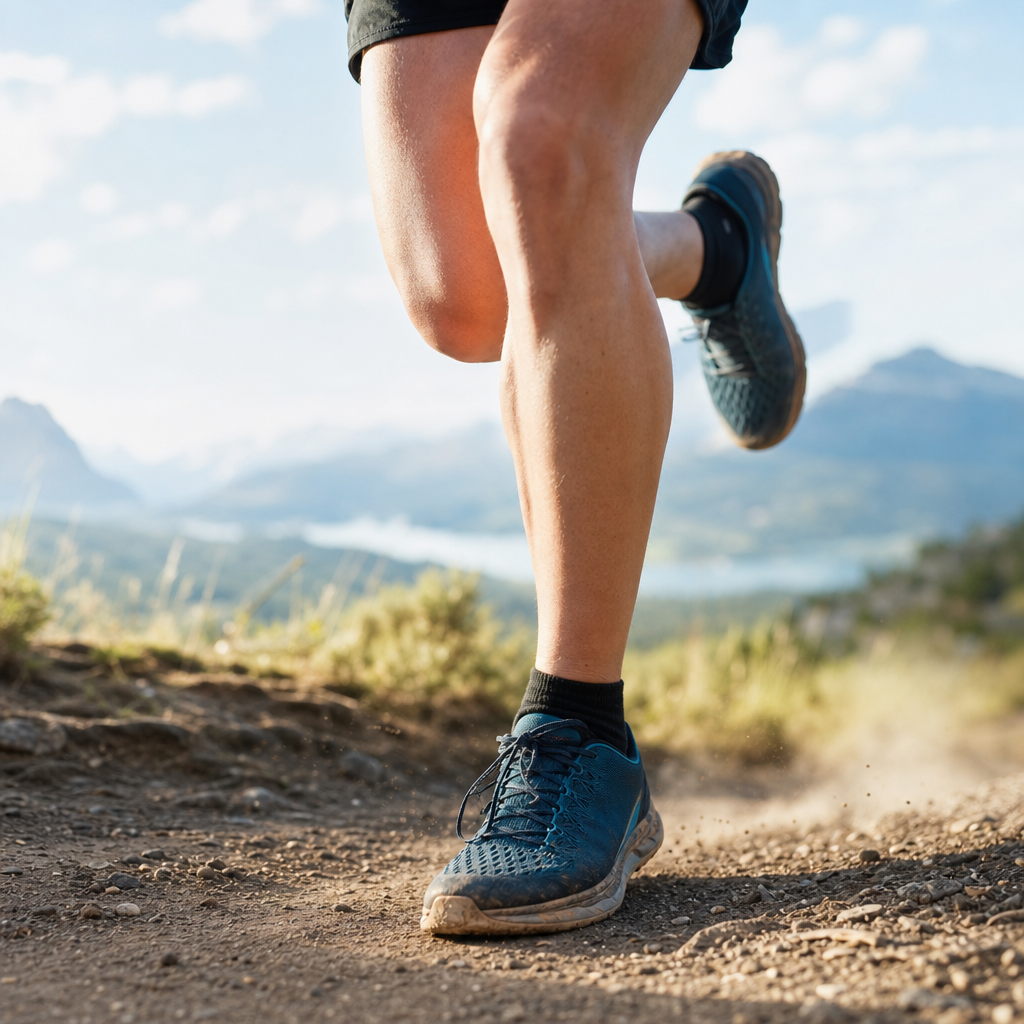 Close-up of a runner's legs on a dirt trail