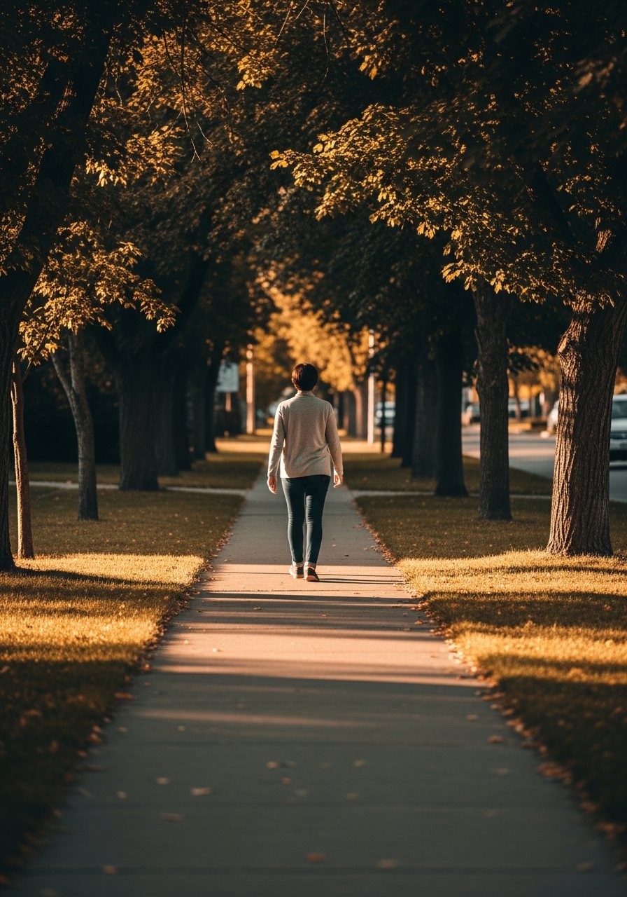 Person walking along a tree-lined path