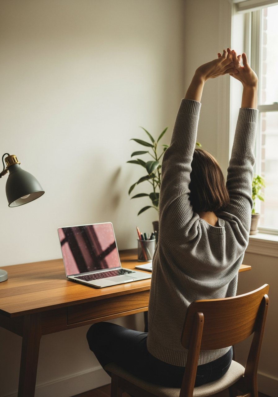 Woman stretching her arms overhead at a desk