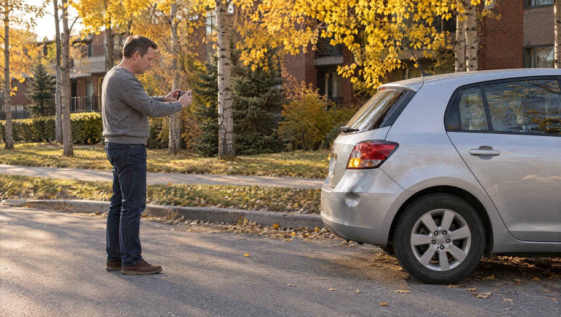 Driver photographing minor vehicle damage with a phone at the roadside after a collision