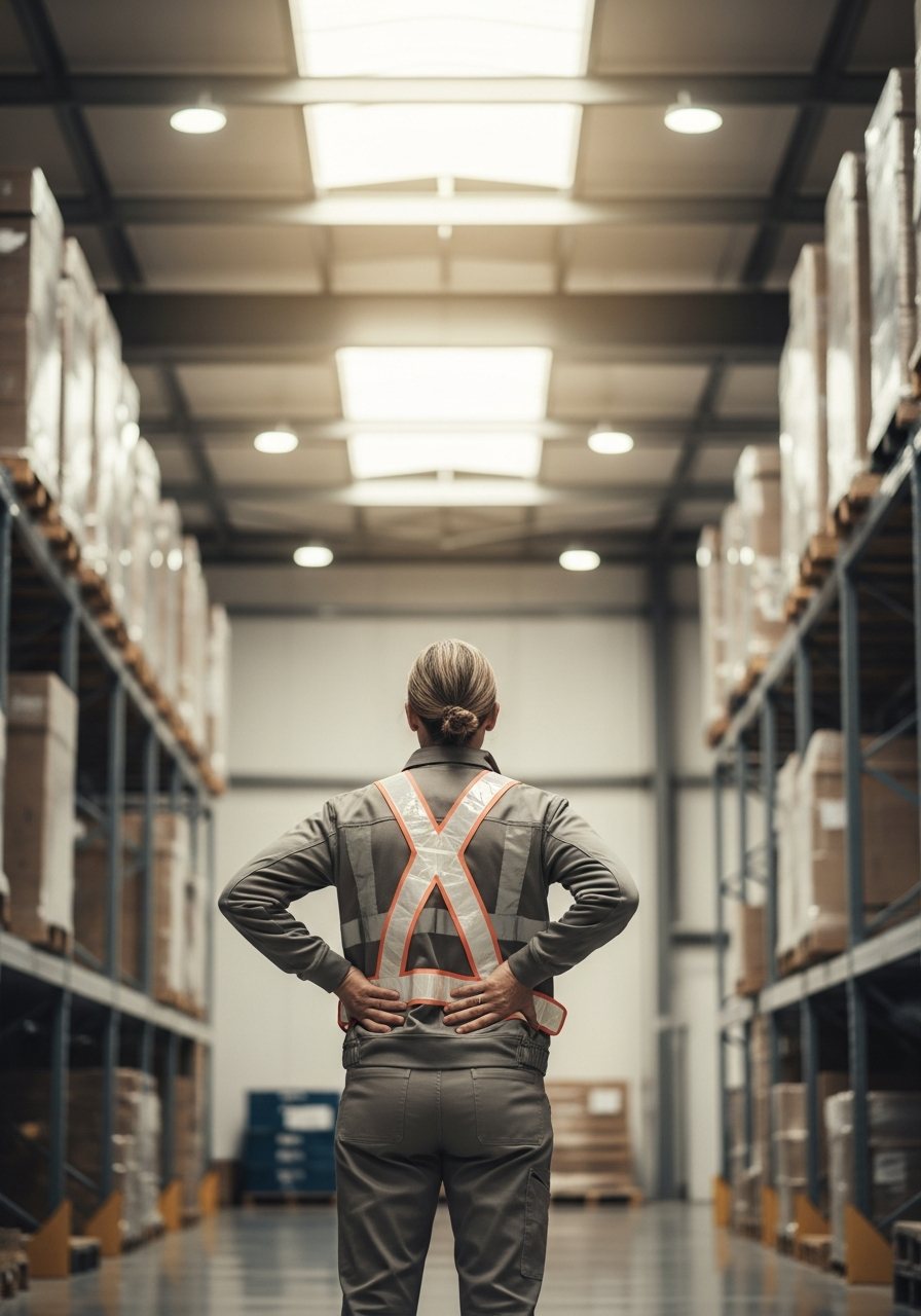 Worker wearing a back support in a warehouse aisle